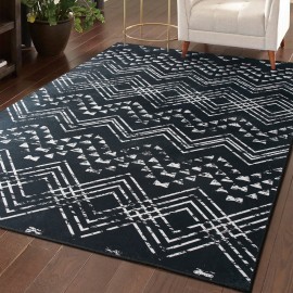 Tapete Bohemio Lavável à Máquina - Estampa Geométrica Vintage Retro com Base Antiderrapante TPR, Ultra Macio e Pet-Friendly para Sala, Quarto, Escritório ou Varanda - Decoração Casa Azul Marinho e Branco, Tapete Extra Grande, Design Moderno Boho, Construç
