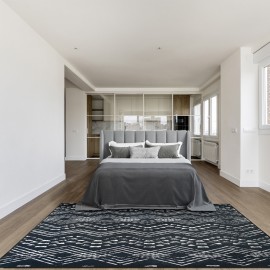 Tapete Bohemio Lavável à Máquina - Estampa Geométrica Vintage Retro com Base Antiderrapante TPR, Ultra Macio e Pet-Friendly para Sala, Quarto, Escritório ou Varanda - Decoração Casa Azul Marinho e Branco, Tapete Extra Grande, Design Moderno Boho, Construç