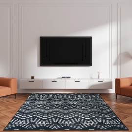 Tapete Bohemio Lavável à Máquina - Estampa Geométrica Vintage Retro com Base Antiderrapante TPR, Ultra Macio e Pet-Friendly para Sala, Quarto, Escritório ou Varanda - Decoração Casa Azul Marinho e Branco, Tapete Extra Grande, Design Moderno Boho, Construç