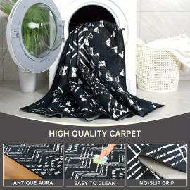 Tapete Bohemio Lavável à Máquina - Estampa Geométrica Vintage Retro com Base Antiderrapante TPR, Ultra Macio e Pet-Friendly para Sala, Quarto, Escritório ou Varanda - Decoração Casa Azul Marinho e Branco, Tapete Extra Grande, Design Moderno Boho, Construç