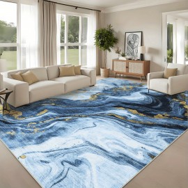 Tapete moderno e abstrato dobrável e lavável à máquina - 8x10ft tapete ultra-mole e leve para sala de estar, quarto, cozinha, escritório, com base azul chinesa artística de verão decorativa, design durável e à prova de riscos e manchas, com revestimento a