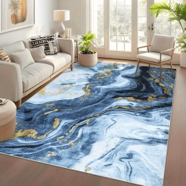 Tapete moderno e abstrato dobrável e lavável à máquina - 8x10ft tapete ultra-mole e leve para sala de estar, quarto, cozinha, escritório, com base azul chinesa artística de verão decorativa, design durável e à prova de riscos e manchas, com revestimento a