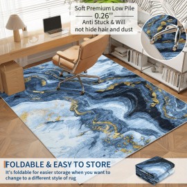 Tapete moderno e abstrato dobrável e lavável à máquina - 8x10ft tapete ultra-mole e leve para sala de estar, quarto, cozinha, escritório, com base azul chinesa artística de verão decorativa, design durável e à prova de riscos e manchas, com revestimento a