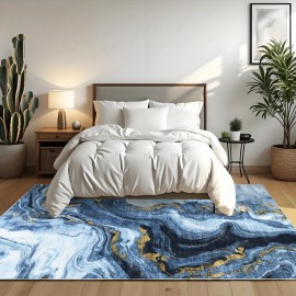 Tapete moderno e abstrato dobrável e lavável à máquina - 8x10ft tapete ultra-mole e leve para sala de estar, quarto, cozinha, escritório, com base azul chinesa artística de verão decorativa, design durável e à prova de riscos e manchas, com revestimento a