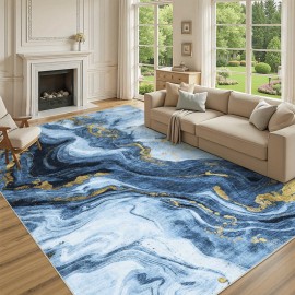 Tapete moderno e abstrato dobrável e lavável à máquina - 8x10ft tapete ultra-mole e leve para sala de estar, quarto, cozinha, escritório, com base azul chinesa artística de verão decorativa, design durável e à prova de riscos e manchas, com revestimento a