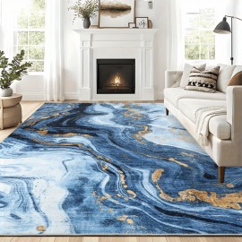 Tapete moderno e abstrato dobrável e lavável à máquina - 8x10ft tapete ultra-mole e leve para sala de estar, quarto, cozinha, escritório, com base azul chinesa artística de verão decorativa, design durável e à prova de riscos e manchas, com revestimento a