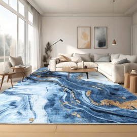 Tapete moderno e abstrato dobrável e lavável à máquina - 8x10ft tapete ultra-mole e leve para sala de estar, quarto, cozinha, escritório, com base azul chinesa artística de verão decorativa, design durável e à prova de riscos e manchas, com revestimento a