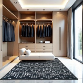 Tapete Tribal Bohemio Lavável à Máquina com Base Antiderrapante TPR - Estampa Geométrica Vintage Preto e Branco, Tapete Ultra-Macio de Baixo Pelo para Sala de Estar, Quarto, Escritório, Varanda - Decoração Amigável a Animais de Estimação, Presente Decorat