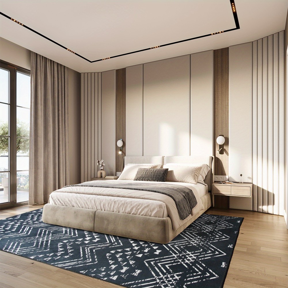 Tapete Tribal Bohemio Lavável à Máquina com Base Antiderrapante TPR - Estampa Geométrica Vintage Preto e Branco, Tapete Ultra-Macio de Baixo Pelo para Sala de Estar, Quarto, Escritório, Varanda - Decoração Amigável a Animais de Estimação, Presente Decorat
