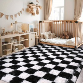 Tapete Moderno Antiderrapante de Pelo Longo, 5x7/6x9 pés, Xadrez, Macio e Fofinho Lavável para Decoração de Dormitório, Sala de Jogos ou Sala de Estar, Mobiliário Decorativo