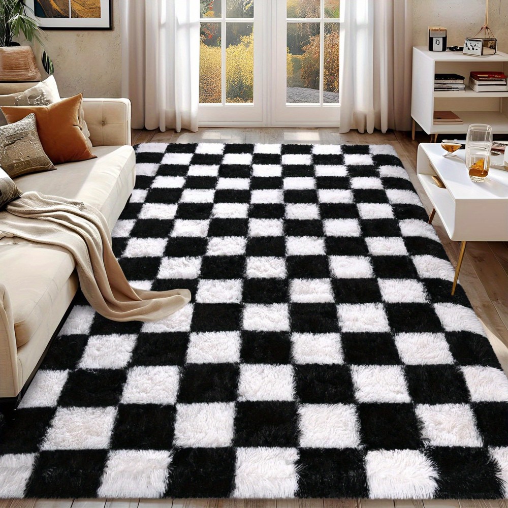 Tapete Moderno Antiderrapante de Pelo Longo, 5x7/6x9 pés, Xadrez, Macio e Fofinho Lavável para Decoração de Dormitório, Sala de Jogos ou Sala de Estar, Mobiliário Decorativo