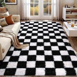 Tapete Moderno Antiderrapante de Pelo Longo, 5x7/6x9 pés, Xadrez, Macio e Fofinho Lavável para Decoração de Dormitório, Sala de Jogos ou Sala de Estar, Mobiliário Decorativo