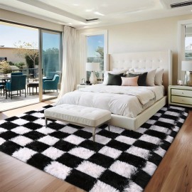 Tapete Moderno Antiderrapante de Pelo Longo, 5x7/6x9 pés, Xadrez, Macio e Fofinho Lavável para Decoração de Dormitório, Sala de Jogos ou Sala de Estar, Mobiliário Decorativo