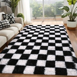Tapete Moderno Antiderrapante de Pelo Longo, 5x7/6x9 pés, Xadrez, Macio e Fofinho Lavável para Decoração de Dormitório, Sala de Jogos ou Sala de Estar, Mobiliário Decorativo