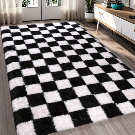 Tapete Moderno Antiderrapante de Pelo Longo, 5x7/6x9 pés, Xadrez, Macio e Fofinho Lavável para Decoração de Dormitório, Sala de Jogos ou Sala de Estar, Mobiliário Decorativo