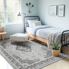 Tapete Vintage para Sala de Estar, Tapete Grande Antiderrapante Lavável à Máquina com Baixo Pelo para Sala de Estar, Quarto, Fazenda, Comedor, 2.7x3.35 Metros, Cinza