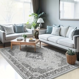 Tapete Vintage para Sala de Estar, Tapete Grande Antiderrapante Lavável à Máquina com Baixo Pelo para Sala de Estar, Quarto, Fazenda, Comedor, 2.7x3.35 Metros, Cinza