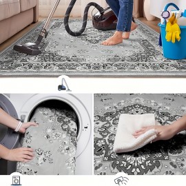 Tapete Vintage para Sala de Estar, Tapete Grande Antiderrapante Lavável à Máquina com Baixo Pelo para Sala de Estar, Quarto, Fazenda, Comedor, 2.7x3.35 Metros, Cinza