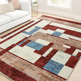 Tapete moderno de pilha baixa super macio vermelho, 5X8/ 6X9/ 8X10/ 9X12 pés, tapete de padrão geométrico de patchwork para sala de estar, tapete de interior lavável e antiderrapante para quarto, tapete colorido abstrato para decoração de casa