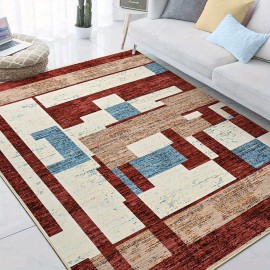 Tapete moderno de pilha baixa super macio vermelho, 5X8/ 6X9/ 8X10/ 9X12 pés, tapete de padrão geométrico de patchwork para sala de estar, tapete de interior lavável e antiderrapante para quarto, tapete colorido abstrato para decoração de casa