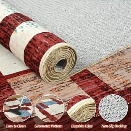 Tapete moderno de pilha baixa super macio vermelho, 5X8/ 6X9/ 8X10/ 9X12 pés, tapete de padrão geométrico de patchwork para sala de estar, tapete de interior lavável e antiderrapante para quarto, tapete colorido abstrato para decoração de casa
