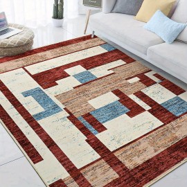 Tapete moderno de pilha baixa super macio vermelho, 5X8/ 6X9/ 8X10/ 9X12 pés, tapete de padrão geométrico de patchwork para sala de estar, tapete de interior lavável e antiderrapante para quarto, tapete colorido abstrato para decoração de casa