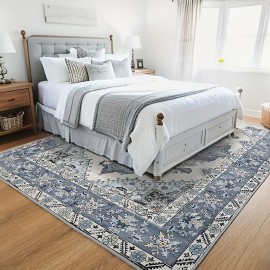 Tapete para Sala de Estar e Quarto, 7x10 Tapete Vintage Lavável à Máquina, Grande Tapete com Estampa de Baixo Pelo e Base de Borracha Antiderrapante para Cozinha, Sala de Jantar e Escritório em Casa, Decoração de Casa, Azul