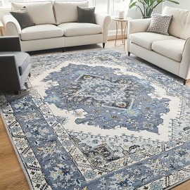 Tapete para Sala de Estar e Quarto, 7x10 Tapete Vintage Lavável à Máquina, Grande Tapete com Estampa de Baixo Pelo e Base de Borracha Antiderrapante para Cozinha, Sala de Jantar e Escritório em Casa, Decoração de Casa, Azul