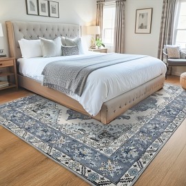 Tapete para Sala de Estar e Quarto, 7x10 Tapete Vintage Lavável à Máquina, Grande Tapete com Estampa de Baixo Pelo e Base de Borracha Antiderrapante para Cozinha, Sala de Jantar e Escritório em Casa, Decoração de Casa, Azul