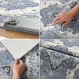 Tapete para Sala de Estar e Quarto, 7x10 Tapete Vintage Lavável à Máquina, Grande Tapete com Estampa de Baixo Pelo e Base de Borracha Antiderrapante para Cozinha, Sala de Jantar e Escritório em Casa, Decoração de Casa, Azul
