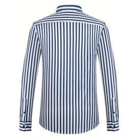 Camisa de botão de manga comprida com estampa azul e branca para homem - Elegante e casual, mistura de poliéster macio, fácil de cuidar (lavar à mão ou limpeza a seco), gola clássica, perfeita para negócios ou ocasiões sociais