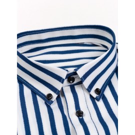 Camisa de botão de manga comprida com estampa azul e branca para homem - Elegante e casual, mistura de poliéster macio, fácil de cuidar (lavar à mão ou limpeza a seco), gola clássica, perfeita para negócios ou ocasiões sociais