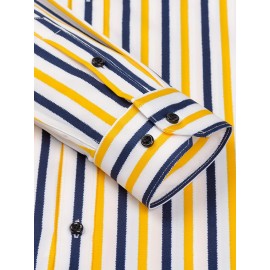 Camisa de botão de manga comprida com estampa azul e branca para homem - Elegante e casual, mistura de poliéster macio, fácil de cuidar (lavar à mão ou limpeza a seco), gola clássica, perfeita para negócios ou ocasiões sociais