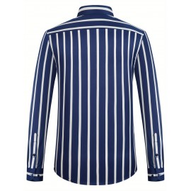 Camisa de botão de manga comprida com estampa azul e branca para homem - Elegante e casual, mistura de poliéster macio, fácil de cuidar (lavar à mão ou limpeza a seco), gola clássica, perfeita para negócios ou ocasiões sociais