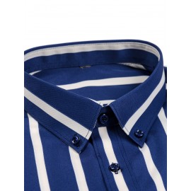 Camisa de botão de manga comprida com estampa azul e branca para homem - Elegante e casual, mistura de poliéster macio, fácil de cuidar (lavar à mão ou limpeza a seco), gola clássica, perfeita para negócios ou ocasiões sociais