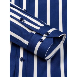 Camisa de botão de manga comprida com estampa azul e branca para homem - Elegante e casual, mistura de poliéster macio, fácil de cuidar (lavar à mão ou limpeza a seco), gola clássica, perfeita para negócios ou ocasiões sociais