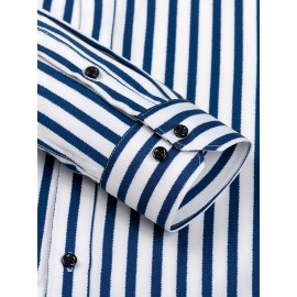 Camisa de botão de manga comprida com estampa azul e branca para homem - Elegante e casual, mistura de poliéster macio, fácil de cuidar (lavar à mão ou limpeza a seco), gola clássica, perfeita para negócios ou ocasiões sociais
