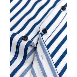 Camisa de botão de manga comprida com estampa azul e branca para homem - Elegante e casual, mistura de poliéster macio, fácil de cuidar (lavar à mão ou limpeza a seco), gola clássica, perfeita para negócios ou ocasiões sociais