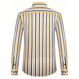 Camisa de botão de manga comprida com estampa azul e branca para homem - Elegante e casual, mistura de poliéster macio, fácil de cuidar (lavar à mão ou limpeza a seco), gola clássica, perfeita para negócios ou ocasiões sociais