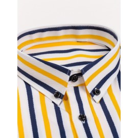 Camisa de botão de manga comprida com estampa azul e branca para homem - Elegante e casual, mistura de poliéster macio, fácil de cuidar (lavar à mão ou limpeza a seco), gola clássica, perfeita para negócios ou ocasiões sociais