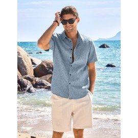 Camisa Masculina Casual de Manga Curta para Verão, Camisa de Linho para Praia e Férias