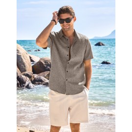 Camisa Masculina Casual de Manga Curta para Verão, Camisa de Linho para Praia e Férias