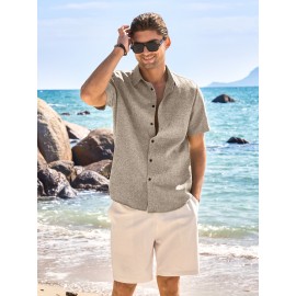 Camisa Masculina Casual de Manga Curta para Verão, Camisa de Linho para Praia e Férias