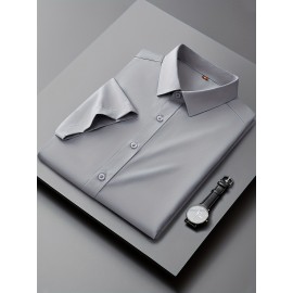 Camisa Casual Masculina para Negócios - Manga Curta Leve de Verão com Gola Clássica, Ajuste Regular e Cor Sólida, Tecido Durável Lavável à Máquina para Escritório & Uso Formal, Roupa Versátil, Abotoadura, Material Não Transparente