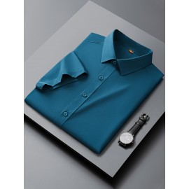 Camisa Casual Masculina para Negócios - Manga Curta Leve de Verão com Gola Clássica, Ajuste Regular e Cor Sólida, Tecido Durável Lavável à Máquina para Escritório & Uso Formal, Roupa Versátil, Abotoadura, Material Não Transparente