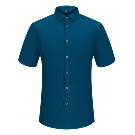 Camisa Casual Masculina para Negócios - Manga Curta Leve de Verão com Gola Clássica, Ajuste Regular e Cor Sólida, Tecido Durável Lavável à Máquina para Escritório & Uso Formal, Roupa Versátil, Abotoadura, Material Não Transparente