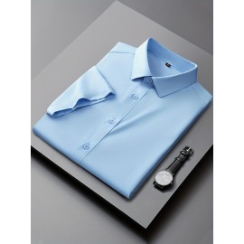 Camisa Casual Masculina para Negócios - Manga Curta Leve de Verão com Gola Clássica, Ajuste Regular e Cor Sólida, Tecido Durável Lavável à Máquina para Escritório & Uso Formal, Roupa Versátil, Abotoadura, Material Não Transparente