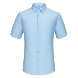 Camisa Casual Masculina para Negócios - Manga Curta Leve de Verão com Gola Clássica, Ajuste Regular e Cor Sólida, Tecido Durável Lavável à Máquina para Escritório & Uso Formal, Roupa Versátil, Abotoadura, Material Não Transparente