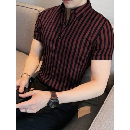 Camisa Casual Masculina de Verão Listrada - Manga Curta Leve com Botões, Listras Vermelhas e Brancas, Corte Regular, 95% Poliéster 5% Elastano, Tecido Respirável 119gsm, Lavável à Máquina para Escritório e Uso Semi-Formal, Gola Clássica, Conforto Elástico