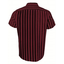Camisa Casual Masculina de Verão Listrada - Manga Curta Leve com Botões, Listras Vermelhas e Brancas, Corte Regular, 95% Poliéster 5% Elastano, Tecido Respirável 119gsm, Lavável à Máquina para Escritório e Uso Semi-Formal, Gola Clássica, Conforto Elástico